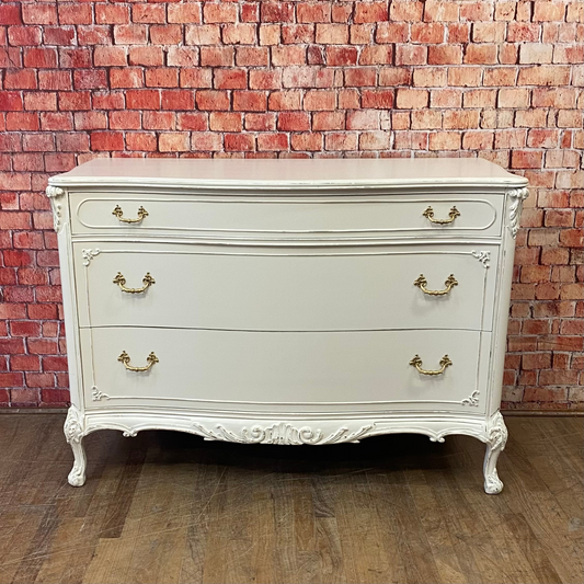 Beautiful Carved French Dresser Painted Our Custom White with Gold Pulls