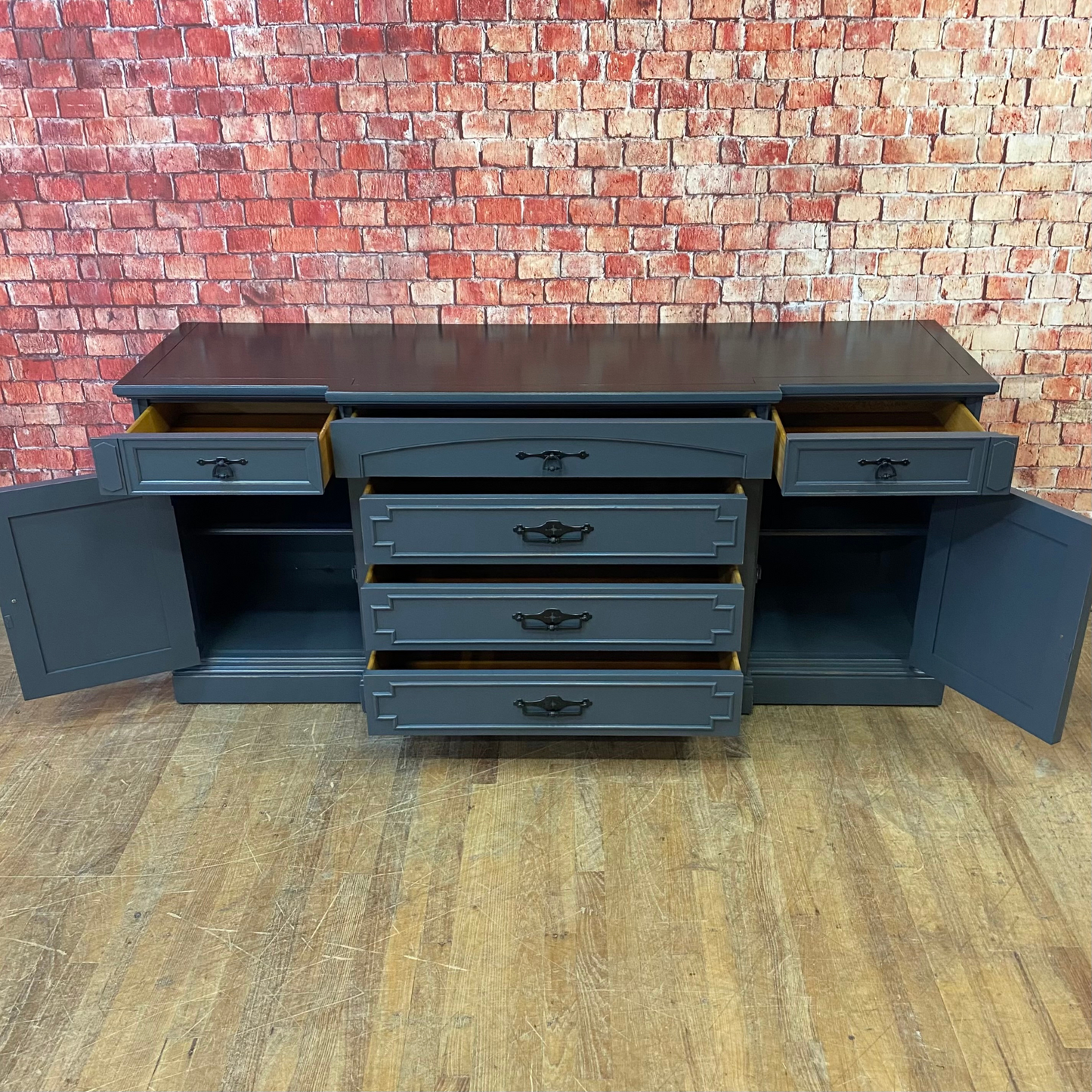 Directoire Style Sideboard by Thomasville Painted Hale Navy, Lightly Distressed with Black Pulls