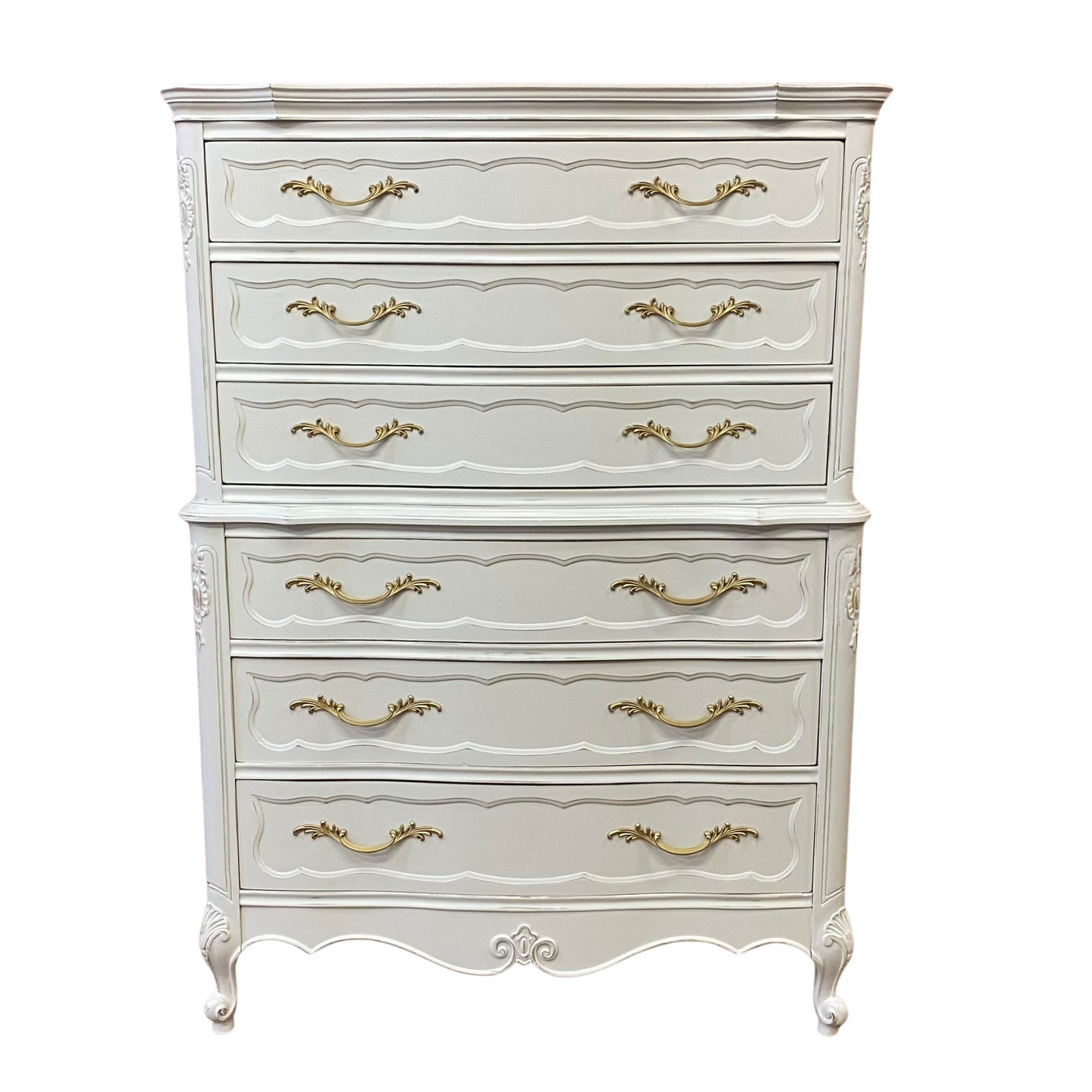 French Provincial Chest Painted Our Custom White, Lightly Distressed with Gold Pulls