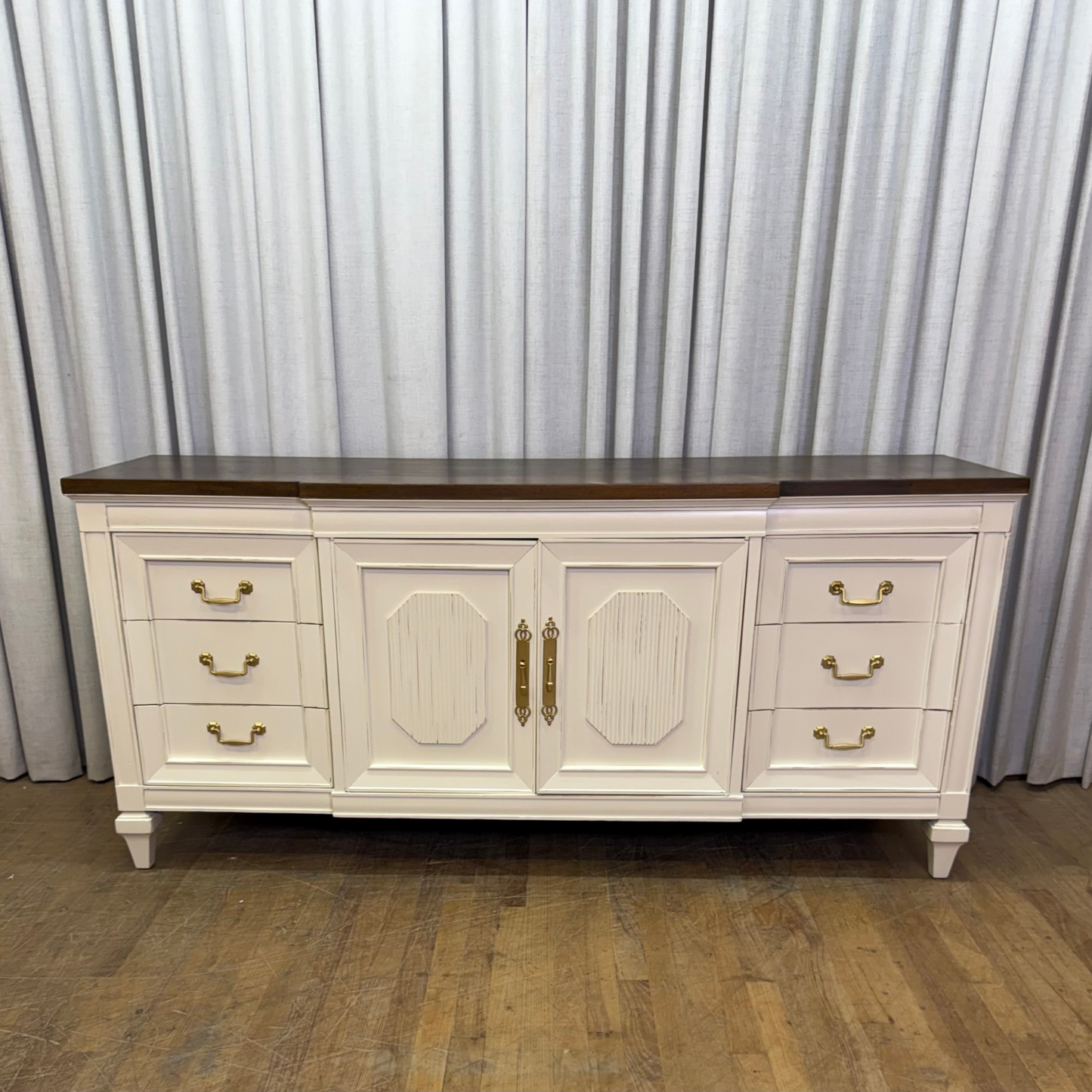 Directoire Style Dresser Lacquered White with Gold Pulls and Dark Stained Top