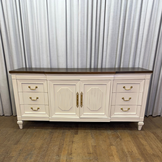 Directoire Style Dresser Lacquered White with Gold Pulls and Dark Stained Top