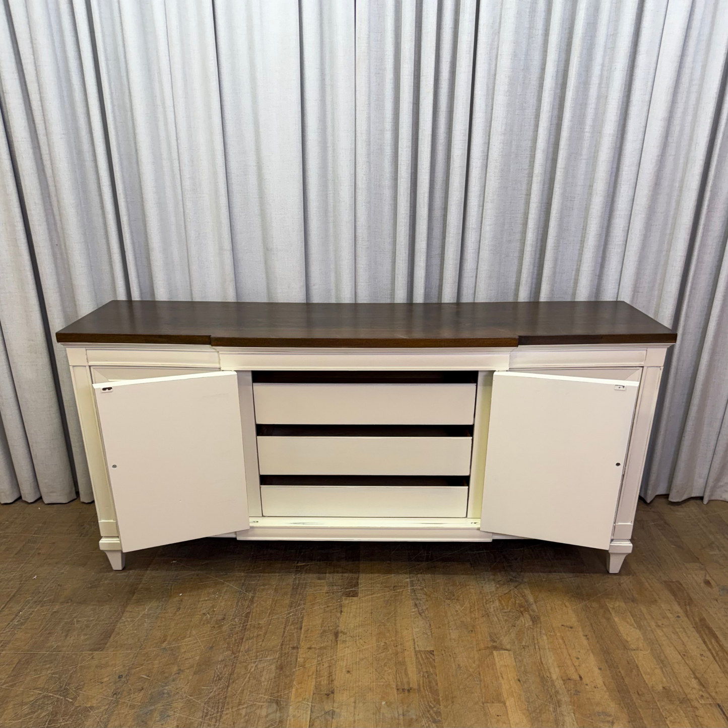 Directoire Style Dresser Lacquered White with Gold Pulls and Dark Stained Top