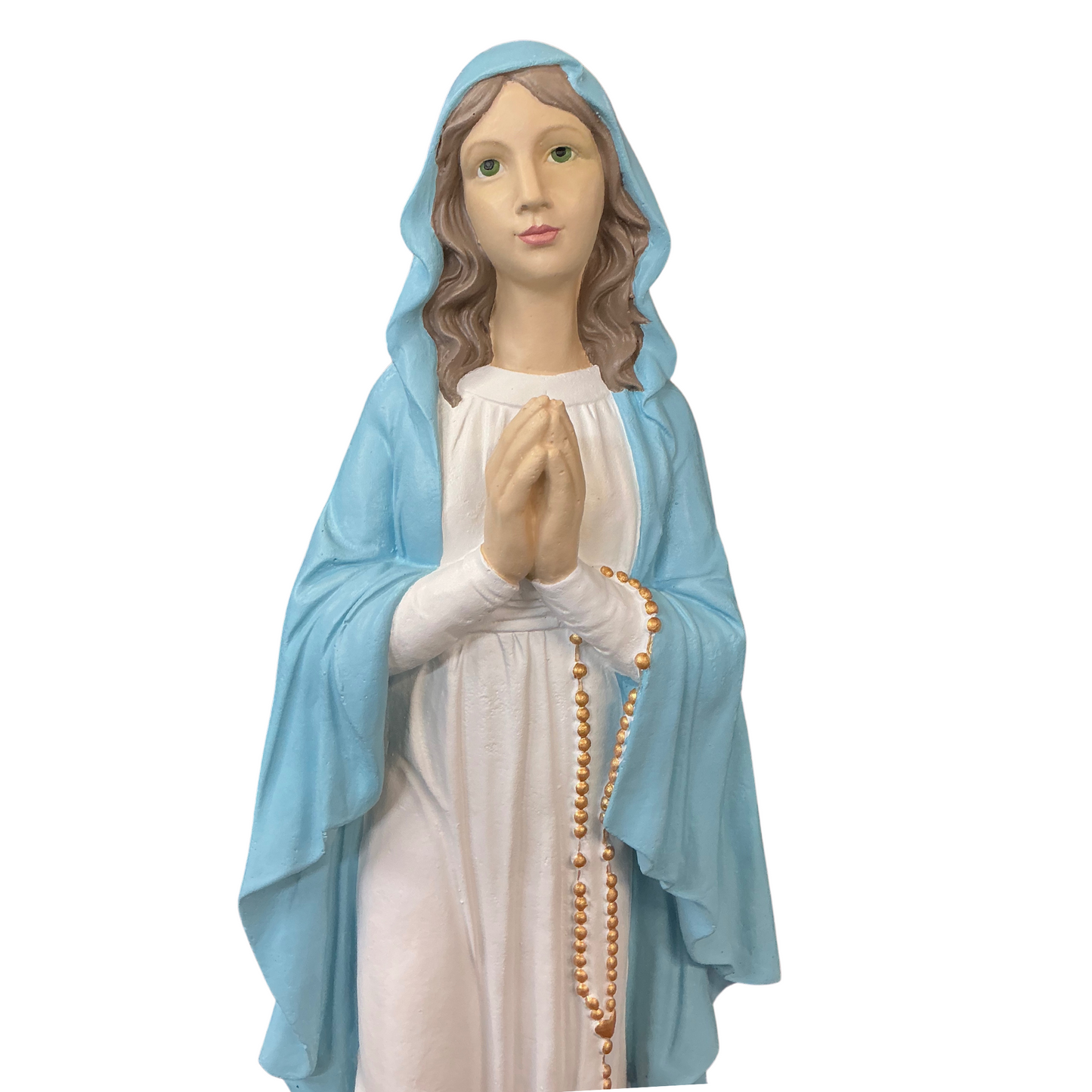 Painted Concrete Mary with Rosary and Roses 32”