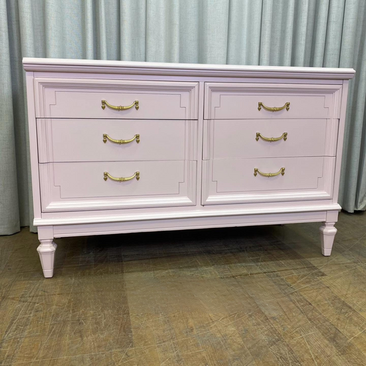 Cute Directoire Style Dresser Lacquered Cotton Candy Pink with Gold Pulls