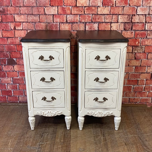 Pair of Tall & Narrow Nightstands Painted White with Reclaimed Oak Tops