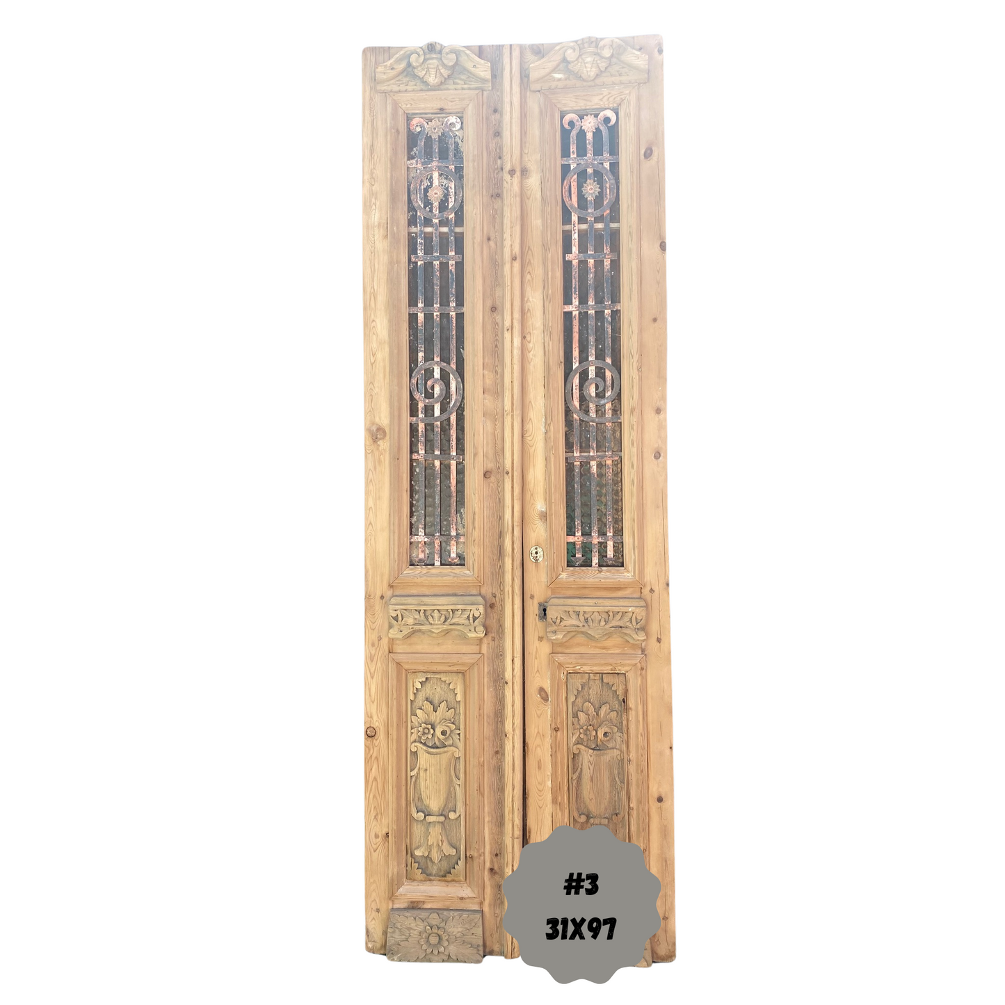 Egyptian Hand Carved Antique French Doors with Iron