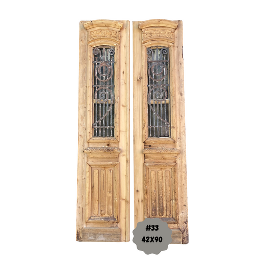 Egyptian Hand Carved Antique French Doors with Iron