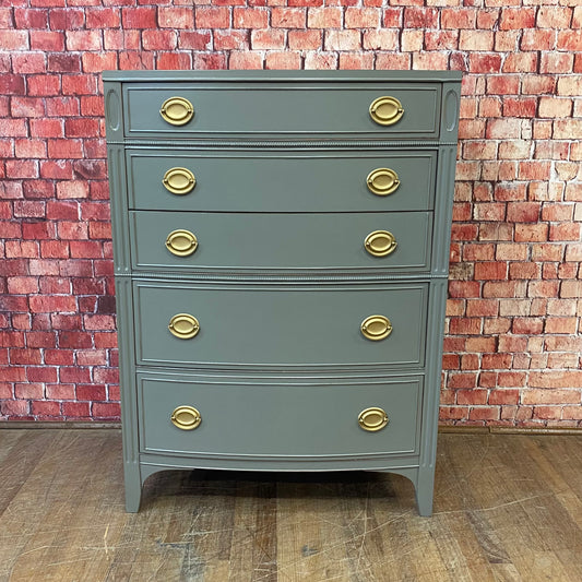 Five Drawer Hepplewhite Chest by Drexel Painted French Linen with Gold Pulls