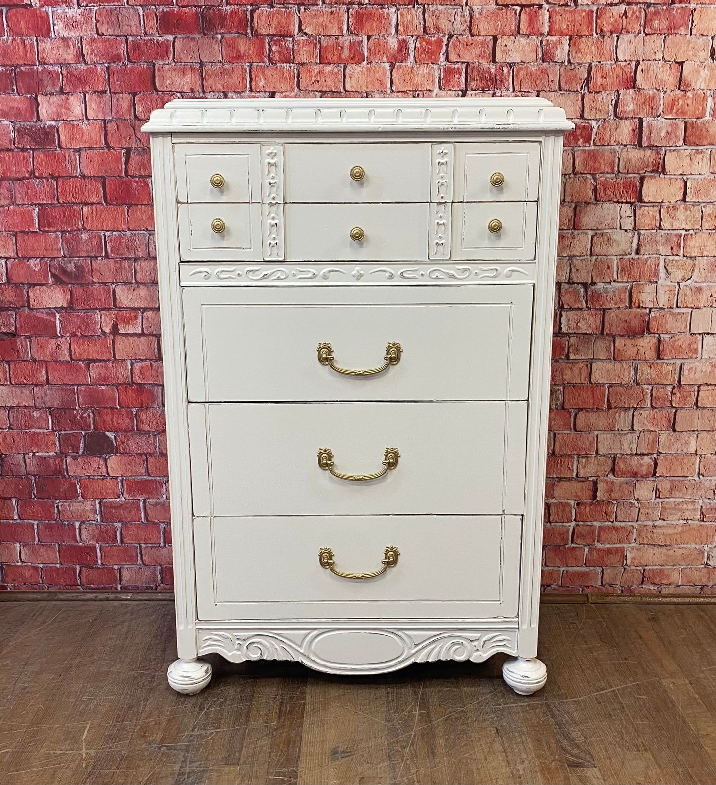 Depression Era Chest Painted Our Custom White with Gold Pulls