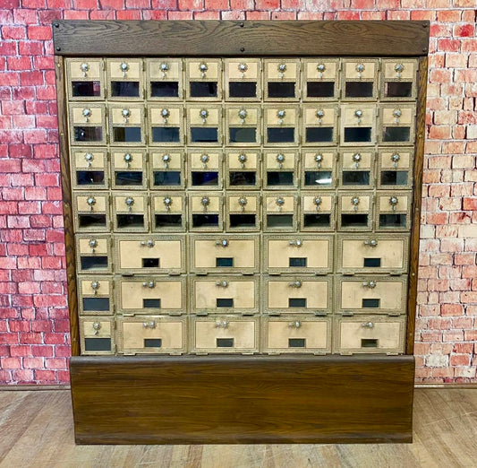 60 Door Brass Post Office Mailboxes Framed in 100yr Old Oak Reclaimed from Church Pews