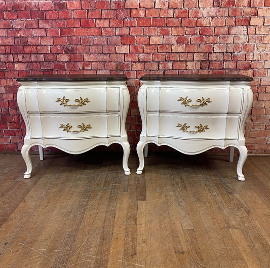 Pair of French Provincial Nightstands by John Widdicomb Painted Our Custom White with Gold Pulls and Reclaimed Oak Tops