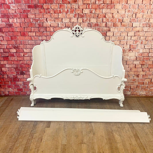 Beautiful Carved French Full-Size Bed Painted White and Lightly Distressed