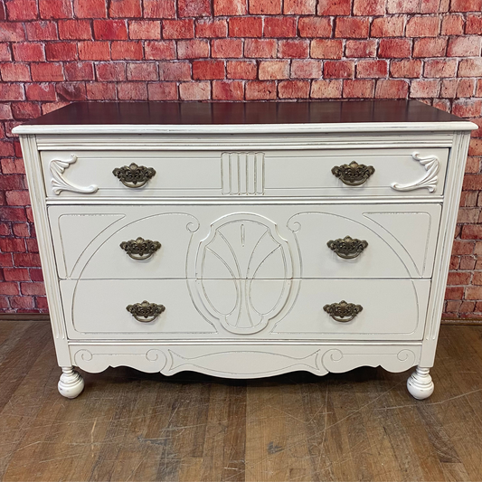 Depression Era Dresser Painted Our Custom White, Lightly Distressed with Jacobean Stained Top